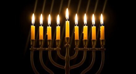 Fototapeta premium Hanukkah menorah with nine lit candles against a dark background