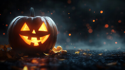 Naklejka premium A spooky Halloween social media post template featuring pumpkin and halloween elements, black background, banner design with large copy space at the top right corner