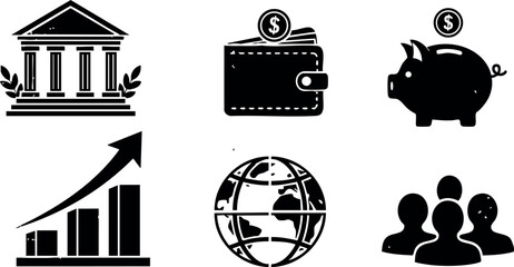 Financial icons with bank wallet piggy bank growth chart globe and people silhouette