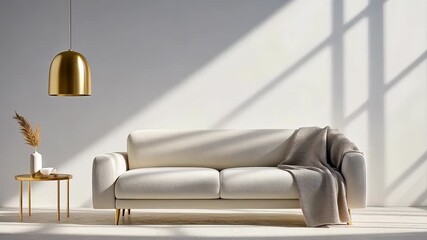 Bright and airy living space showcases a stylish white sofa, golden lamp, and minimalist decor, creating a calm and inviting setting