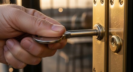 Key in lock shows unlocking action with metal key inserted into golden lock mechanism. Inserting key shows security with key to open door. Key in lock offers safety and access metaphor for business.