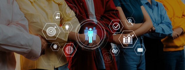 A diverse group of individuals stands together, showcasing a blend of communication and technology icons that represent teamwork and innovative business solutions. Trope