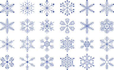 Collection of blue line art snowflakes on white background 1