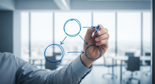 Business workflow diagram is sketched on clear board, businessman drawing process on transparent surface. Business workflow concept explains project stages and organization. - Powered by Adobe