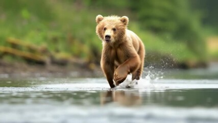 A playful young bear dashes through a river, creating splashes and showcasing its lively spirit in a lush natural setting