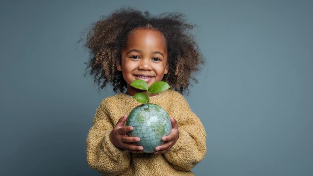 Child smiles while holding a green globe with a plant, showcasing love for the environment in a simple studio setting
