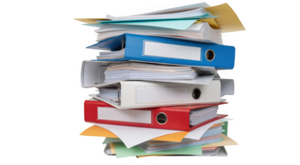 Stack of colorful binders and papers isolated on a transparent background