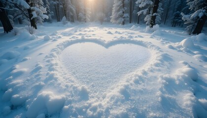 a big heart drawn deeply on the surface of white snow bed surrounded by trees covered with snow