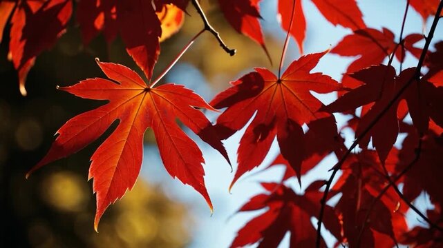 A close-up shot of a vibrant red leaf on a tree branch