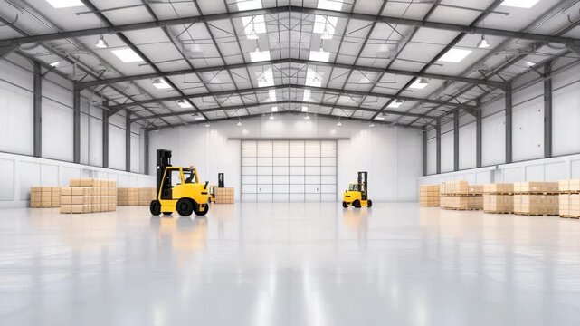 Bright and open warehouse environment features forklifts and organized stacks of pallets for efficient logistics and storage tasks
