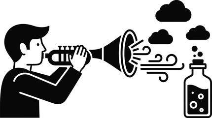 Man playing trumpet blowing air towards a bubbling bottle and clouds silhouette