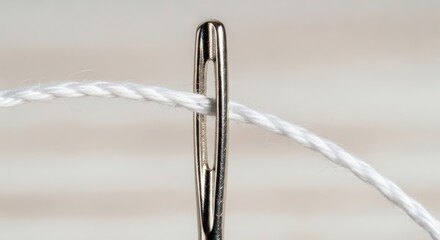 Needle and thread close up shows white cotton thread passed through eye of needle, detailed sewing concept. Macro needle and thread shows texture and detail for mending tasks.