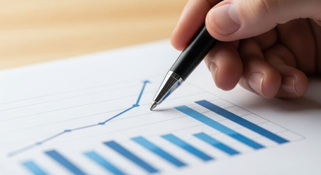 Analyzing data charts, hand holds pen over data charts on business paper. Performing data analysis using charts to improve financial planning, business strategy, or market research,