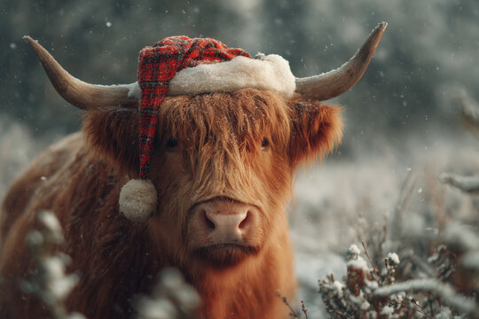 Highland Cow Wearing Festive Santa Hat With Sparkling Glitter Dust In Winter Landscape