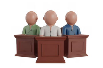 Three cartoon figures in green white and blue shirts behind podiums isolated on a transparent background