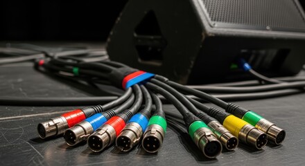 Color-coded audio cables and speakers on stage for sound setup