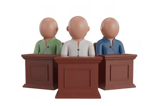 Three cartoon figures in green white and blue shirts behind podiums isolated on a transparent background