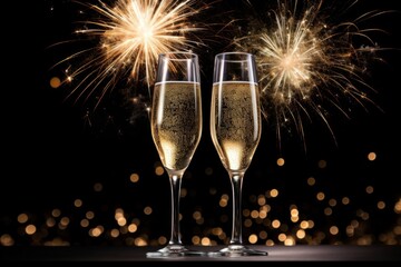 Two champagne glasses with sparkling fireworks in the background sparks drink night.