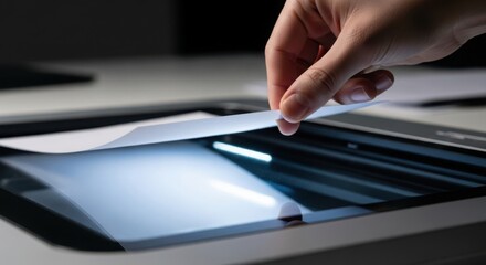 Scanning documents with modern scanner machine in office, person scans sheet. Scanning documents for digitization to archive data in digital format, scanning documents to maintain records.
