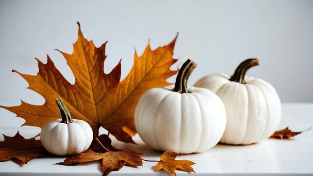 A table with three white pumpkins and a single leaf, perfect for fall or Halloween themes