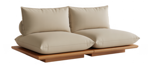 Two beige modular sofa sections with wooden base isolated on a transparent background
