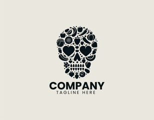 Creative fruits and veggies skull concept forming bold black vector logo