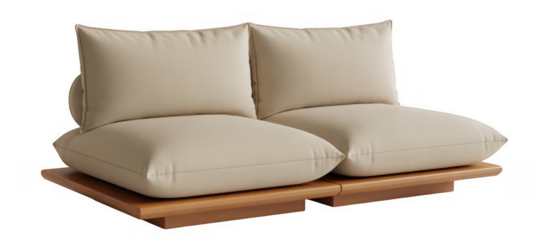 Two beige modular sofa sections with wooden base isolated on a transparent background