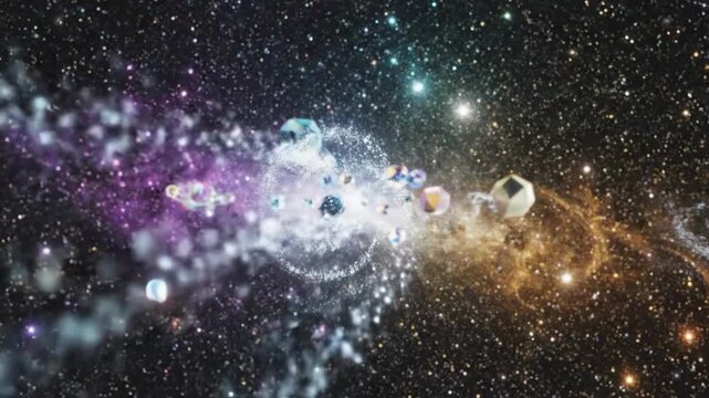 Abstract geometric shapes floating in outer space with colorful nebulae and stars
