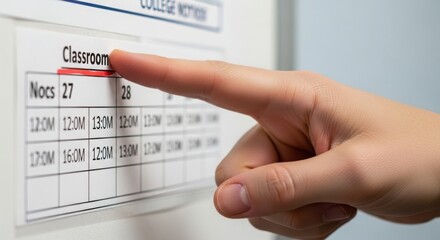 Classroom schedule highlighted by finger, pointing to classroom schedule on academic calendar, signifying upcoming event. Classroom schedule details event and upcoming time slots,
