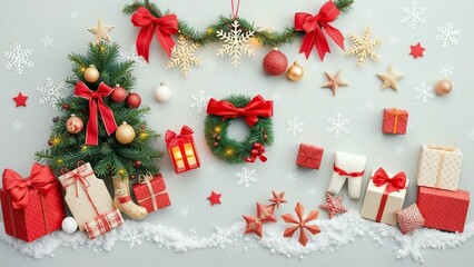 Festive christmas arrangement with decorations and gift boxes