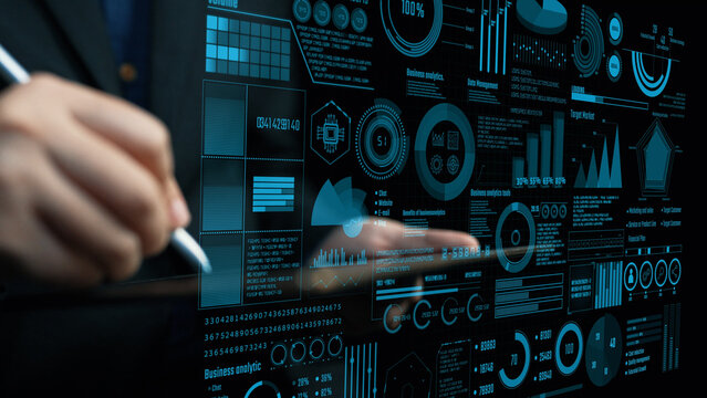 A detailed view of a modern business data analytics interface illuminated by charts and graphs. Ideal for illustrating cutting-edge data visualization and decision-making processes. Cipher