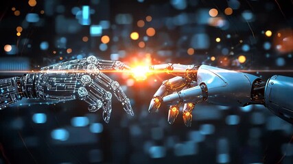 ai hologram and robotic hands connecting over digital data network for artificial intelligence technology - Powered by Adobe