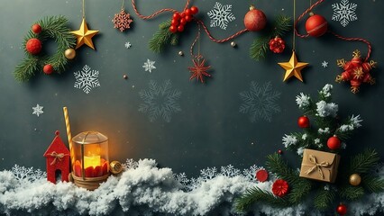 Christmas holiday decorations, snow, glowing lantern, background