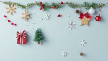 Christmas festive decoration on light blue background, top view