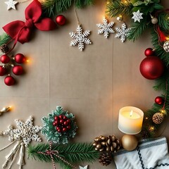 Festive christmas holiday decorations with snowflakes and candle