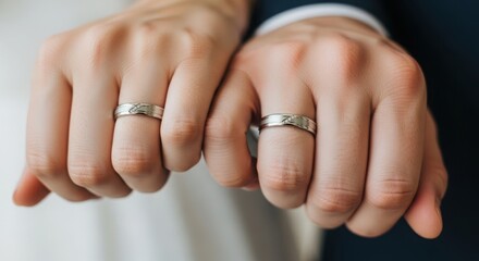 Wedding rings gleaming on fingers of newlyweds, showing commitment. Wedding rings on bride and groom demonstrate eternal bond in matrimonial bliss. Use of wedding rings image to symbolize marriage.