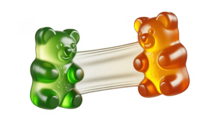 Two gummy bears connected by a thin strand of candy isolated on a transparent background