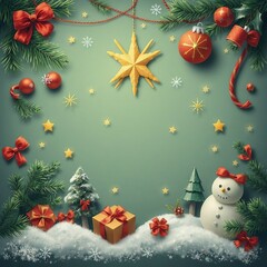 Christmas holiday frame with snow, snowman, and gifts on green