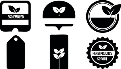 Eco friendly labels and farm produce sprout badges vector set