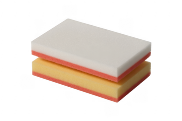 Two rectangular sponges stacked one above the other with white top and yellow bottom layers isolated on a transparent background