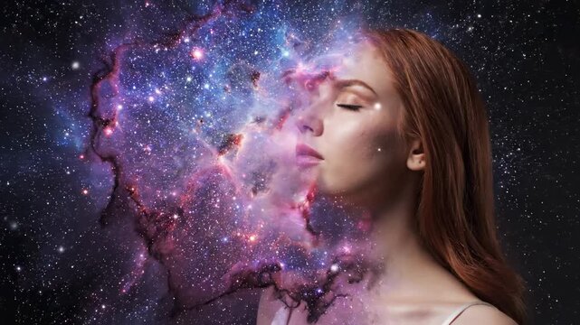 Double exposure of a woman's profile experiencing an exploding mind of stars and nebula, a conceptual representation of burnout, information overload, mental stress, and digital chaos