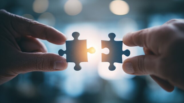 Conceptual image of two hands bringing puzzle pieces together. A perfect fit symbolizes synergy, collaboration, and problem-solving in business or personal life. Connection!