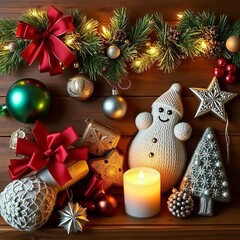 Festive christmas decor with lit candle, snowman, and ornaments