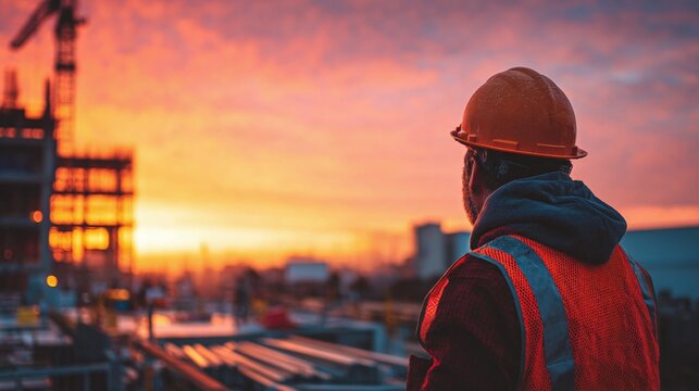 A construction worker gazes out over a building site silhouetted by a vibrant sunset. His safety gear shines against the warm hues of the sky, marking a moment of pause and reflection.