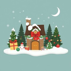 Christmas scene: cottage, fir trees, snow, presents, santa claus
