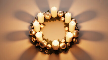 Warm glow of lit candles and golden ornaments on a festive evergreen wreath casting soft shadows, evoking holiday spirit and cozy winter ambiance