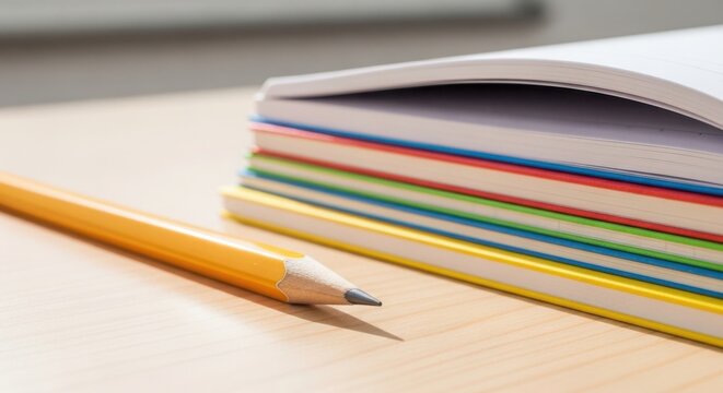 Notebook and pencil lying on light wooden table, creating a stationery set for writing. Notebook provides space for notes, thoughts, and journaling, paired with writing tool.