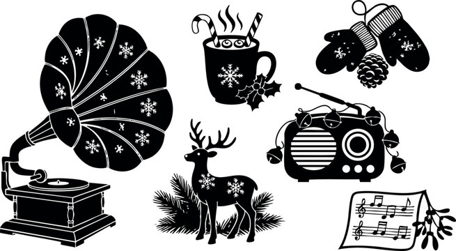 Vintage winter holiday silhouettes with gramophone hot drink deer radio and mittens