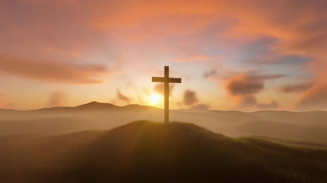 Spiritual Good Friday and Easter Background &mdash; Sunrise, Light Rays and Cross Silhouettes Symbolizing Faith and Hope in 4 K Animation