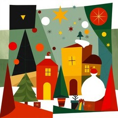Abstract geometric christmas winter village scene illustration